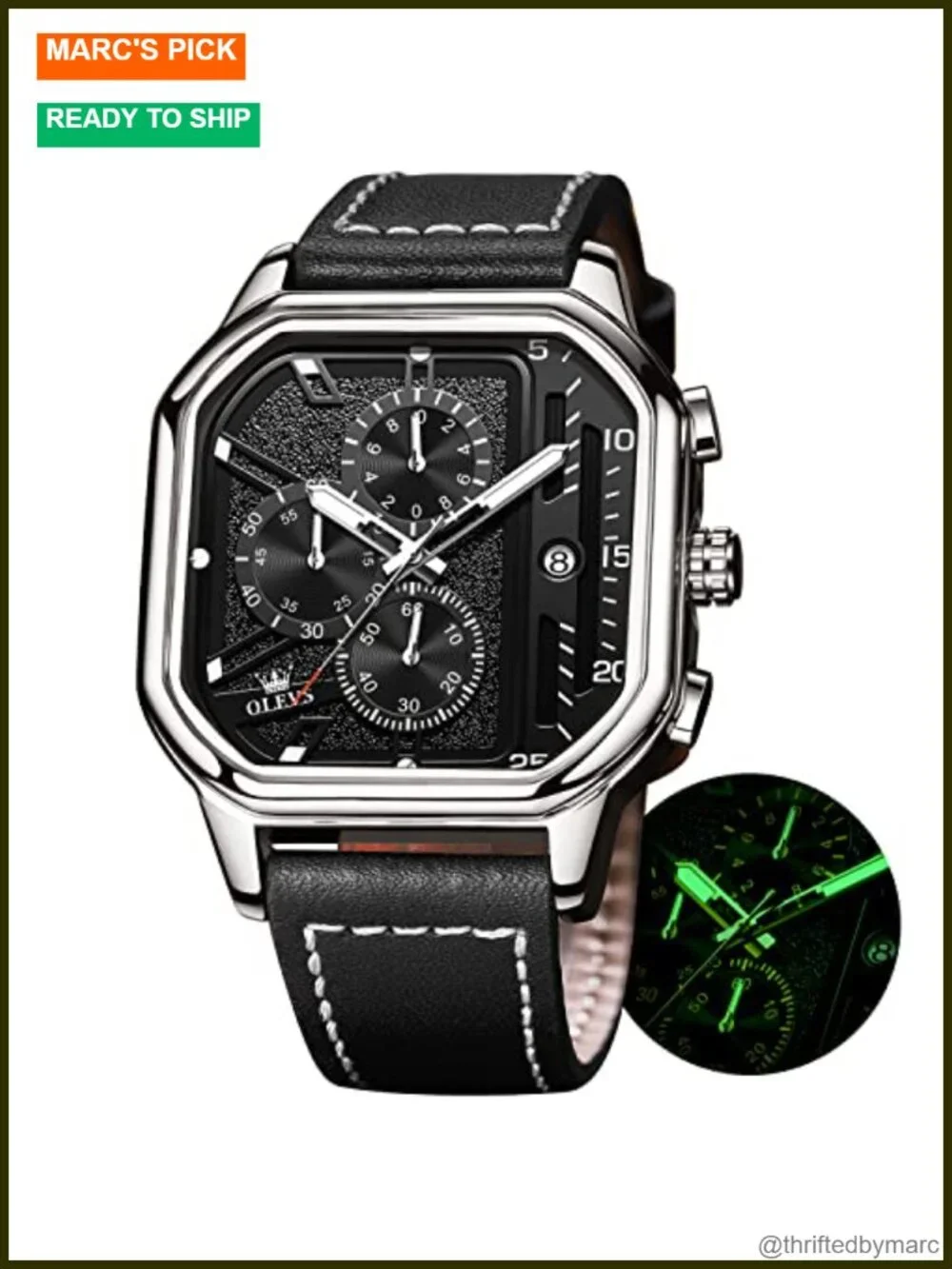Square Chronograph Quartz Watch Leather Strap Luminous Waterproof Business